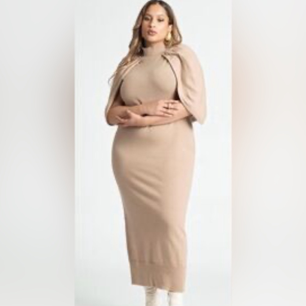 Eloquii sweater cape dress in TAN